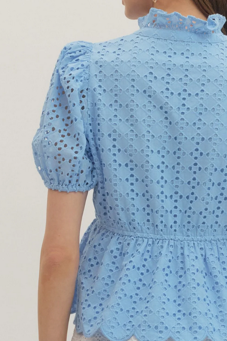 Eyelet Puff Sleeve Top with Scallop Hem