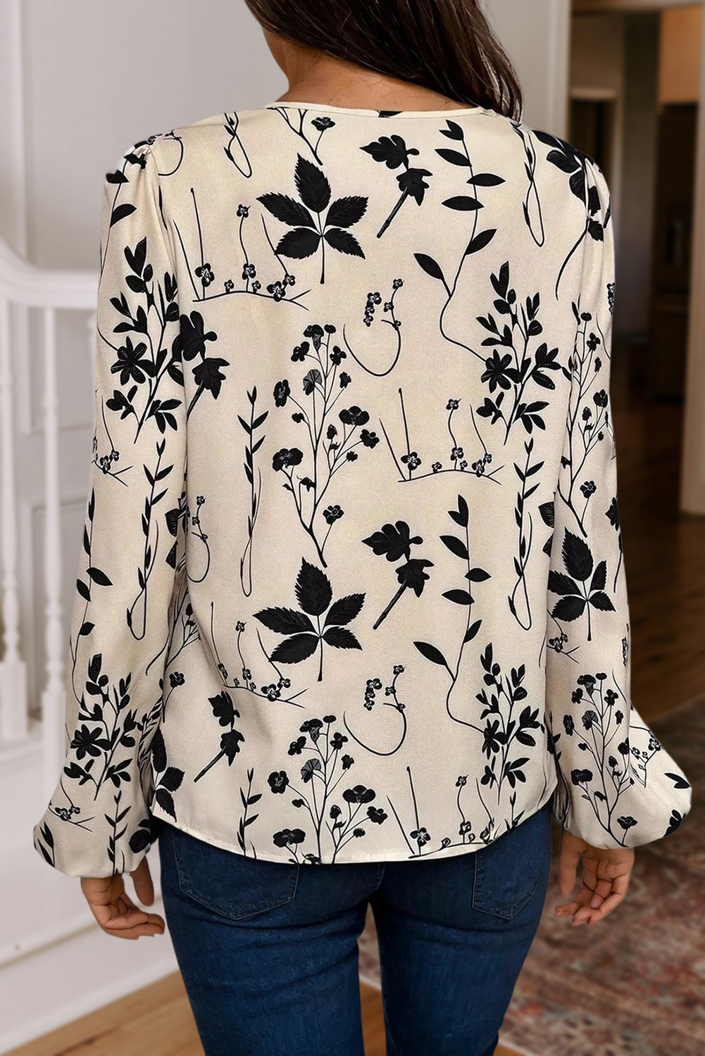 BOHO Floral Print Split Neck Long Sleeve Blouse