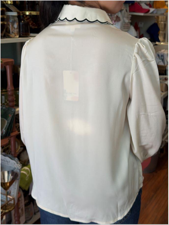 Contrast Scalloped Hem Satin Button Up Shirt
