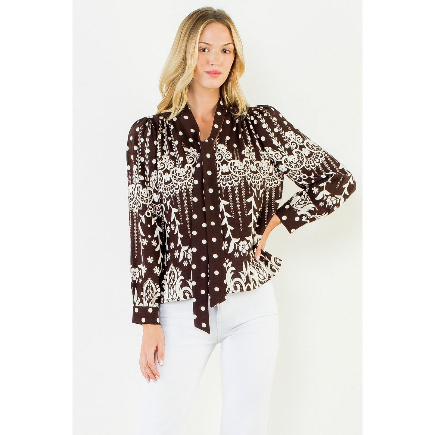 Tie Neck Long Sleeve Pattern Detail Top