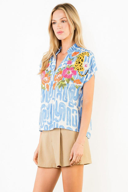 Flower and Cheetah Embroidered Top