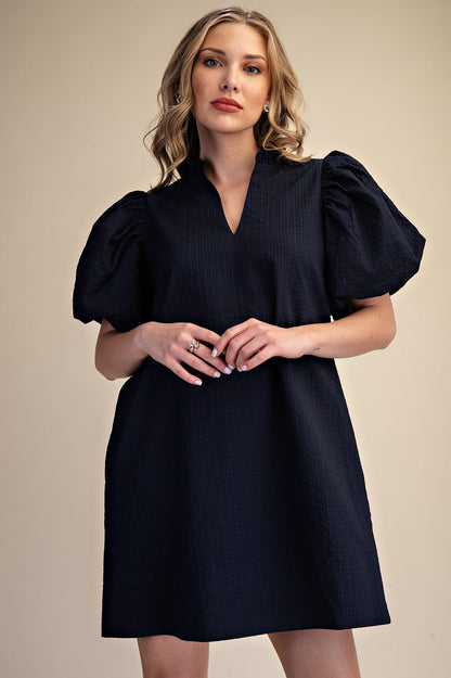 Textured Fabric Ruffle V-Neck Puff Sleeve Mini Dress
