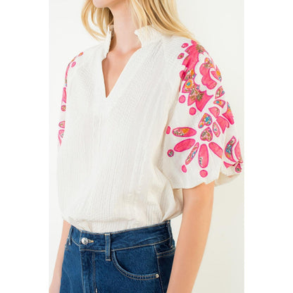 Floral Pattern Puff Sleeve V-Neck Top