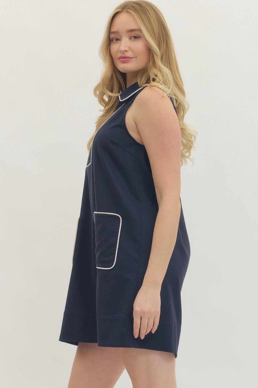 Contrast Front Pocket Sleeveless Mini Dress