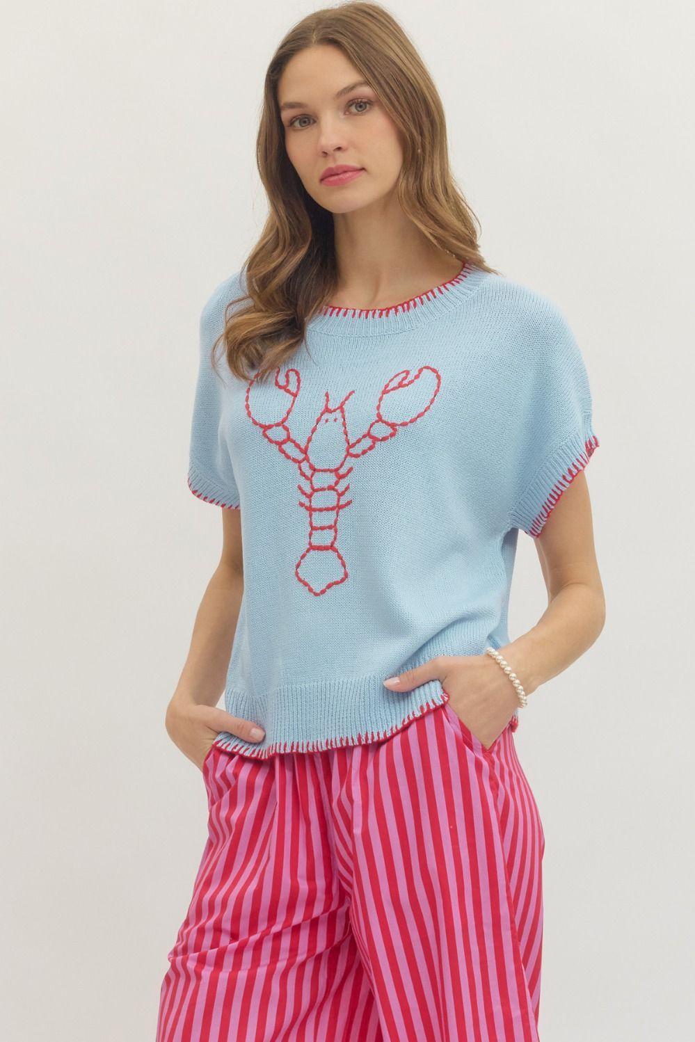 Lobster Embroidered Short Sleeve Knit Top