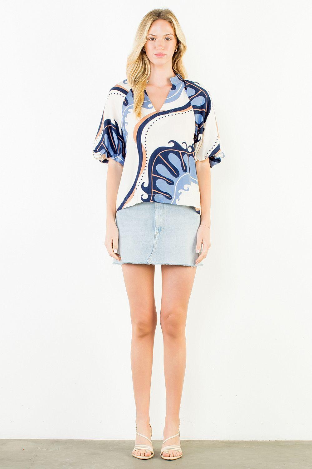 Abstract Print Top with Puff Sleeves
