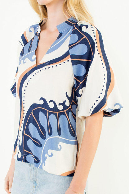 Abstract Print Top with Puff Sleeves