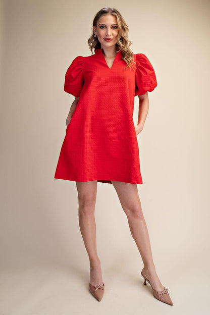 Textured Fabric Ruffle V-Neck Puff Sleeve Mini Dress