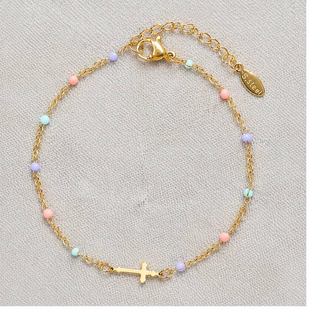 Colorful Enamel Bead and Cross Stainless Steel Bracelet