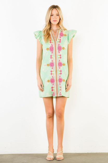 Flutter Sleeve Floral Embroidery Detail Dress