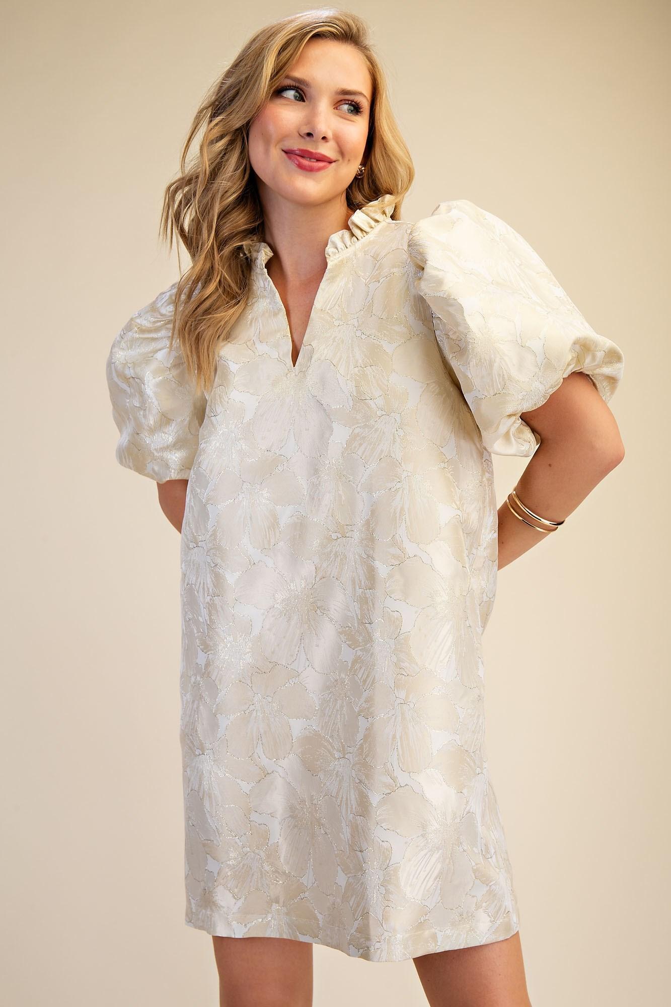 Ruffle V-Neck Puff Sleeve Mini Dress