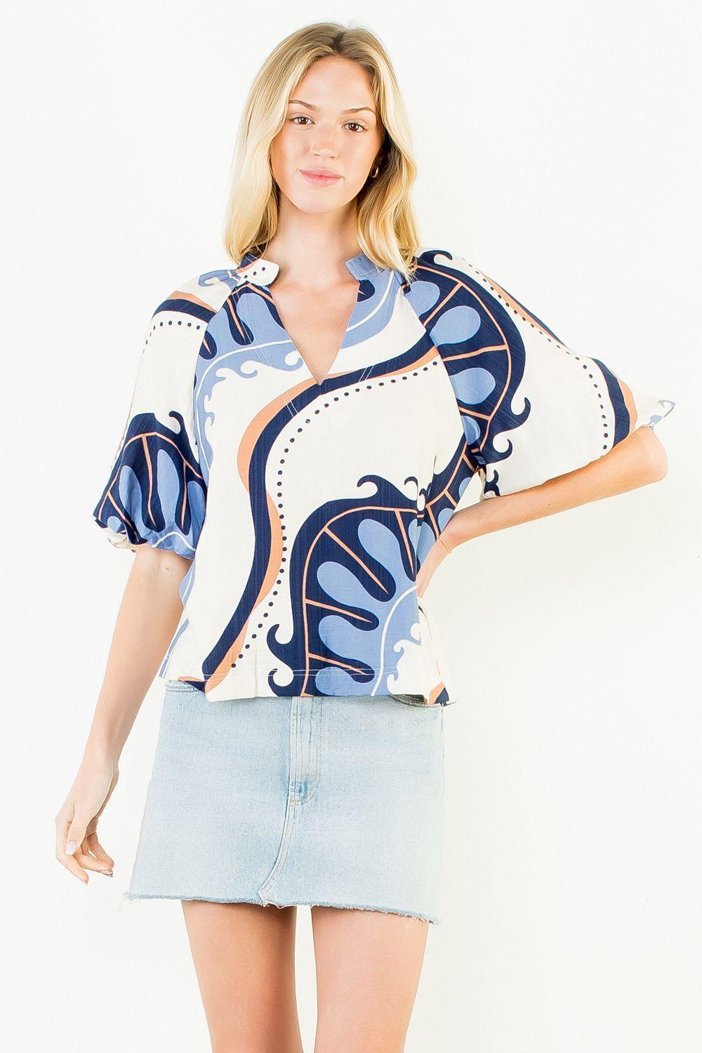 Abstract Print Top with Puff Sleeves
