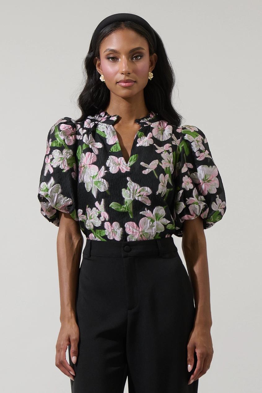 Elsinore Floral Jacquard Split Neck Top
