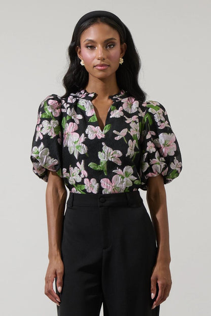 Elsinore Floral Jacquard Split Neck Top