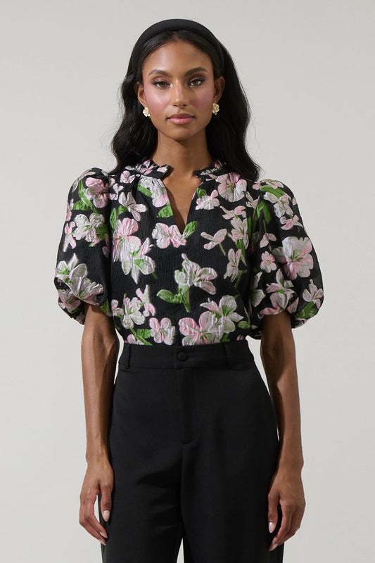 Elsinore Floral Jacquard Split Neck Top