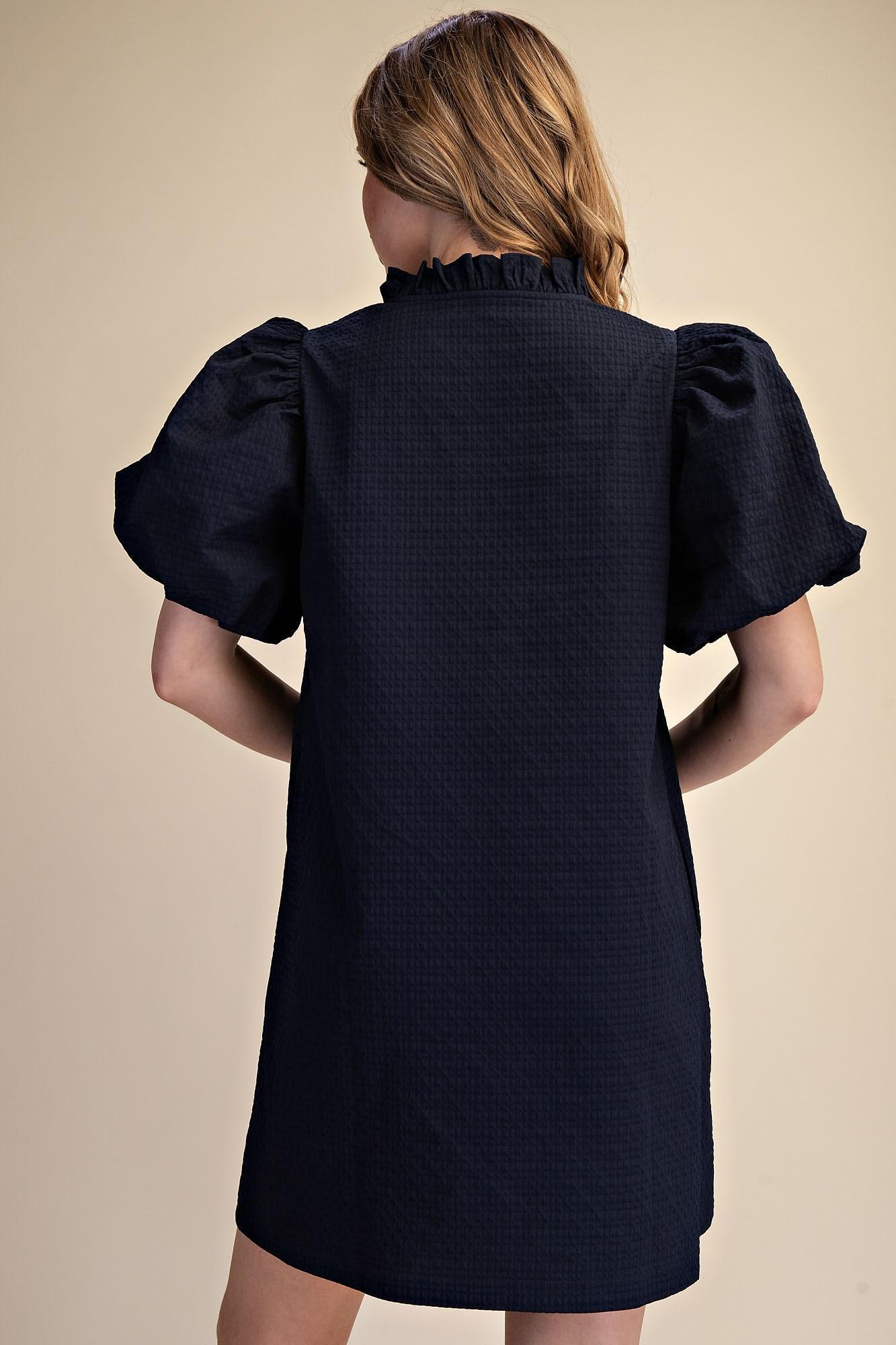 Textured Fabric Ruffle V-Neck Puff Sleeve Mini Dress