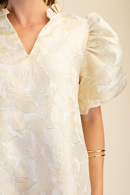 Ruffle V-Neck Puff Sleeve Mini Dress