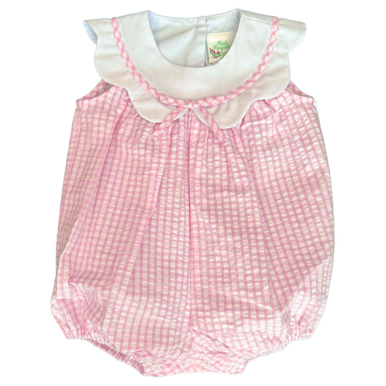 Charlotte Scalloped Bubble Romper - Blakeney Ballet Pink Seersucker Check