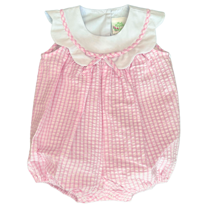 Charlotte Scalloped Bubble Romper - Blakeney Ballet Pink Seersucker Check