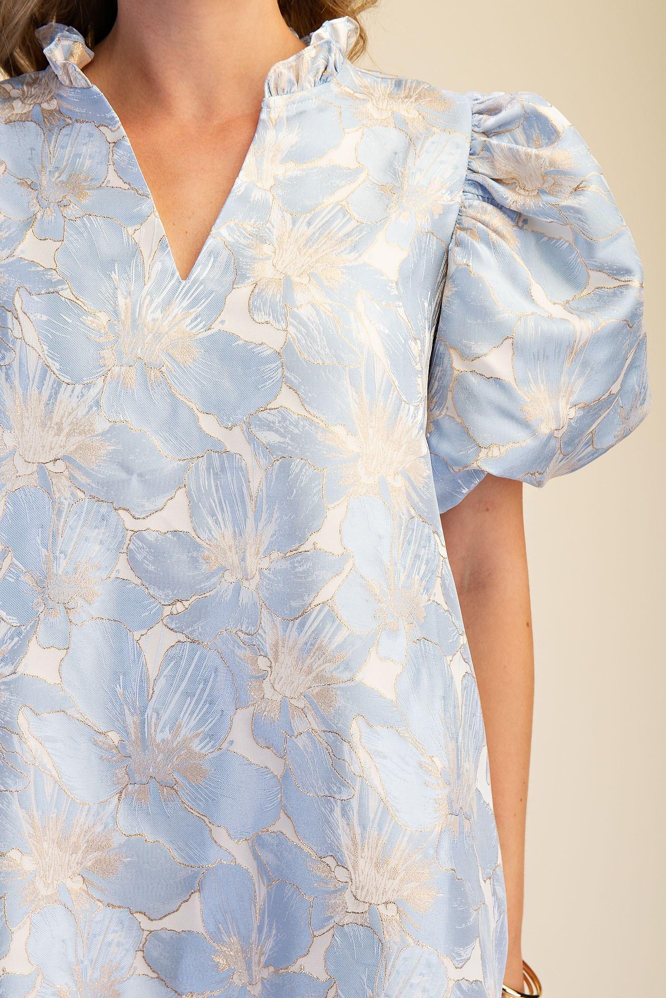 Ruffle V-Neck Puff Sleeve Mini Dress