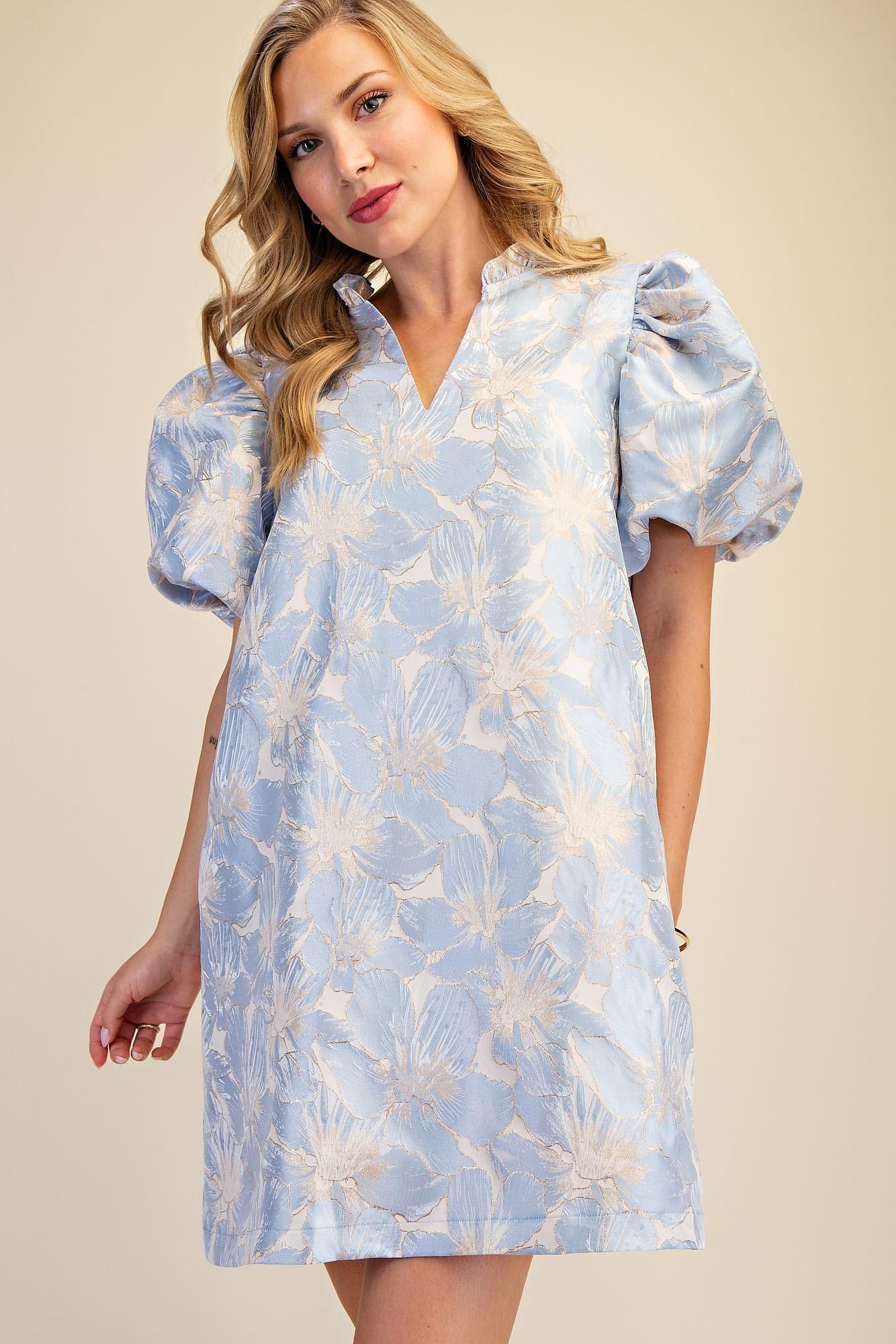 Ruffle V-Neck Puff Sleeve Mini Dress
