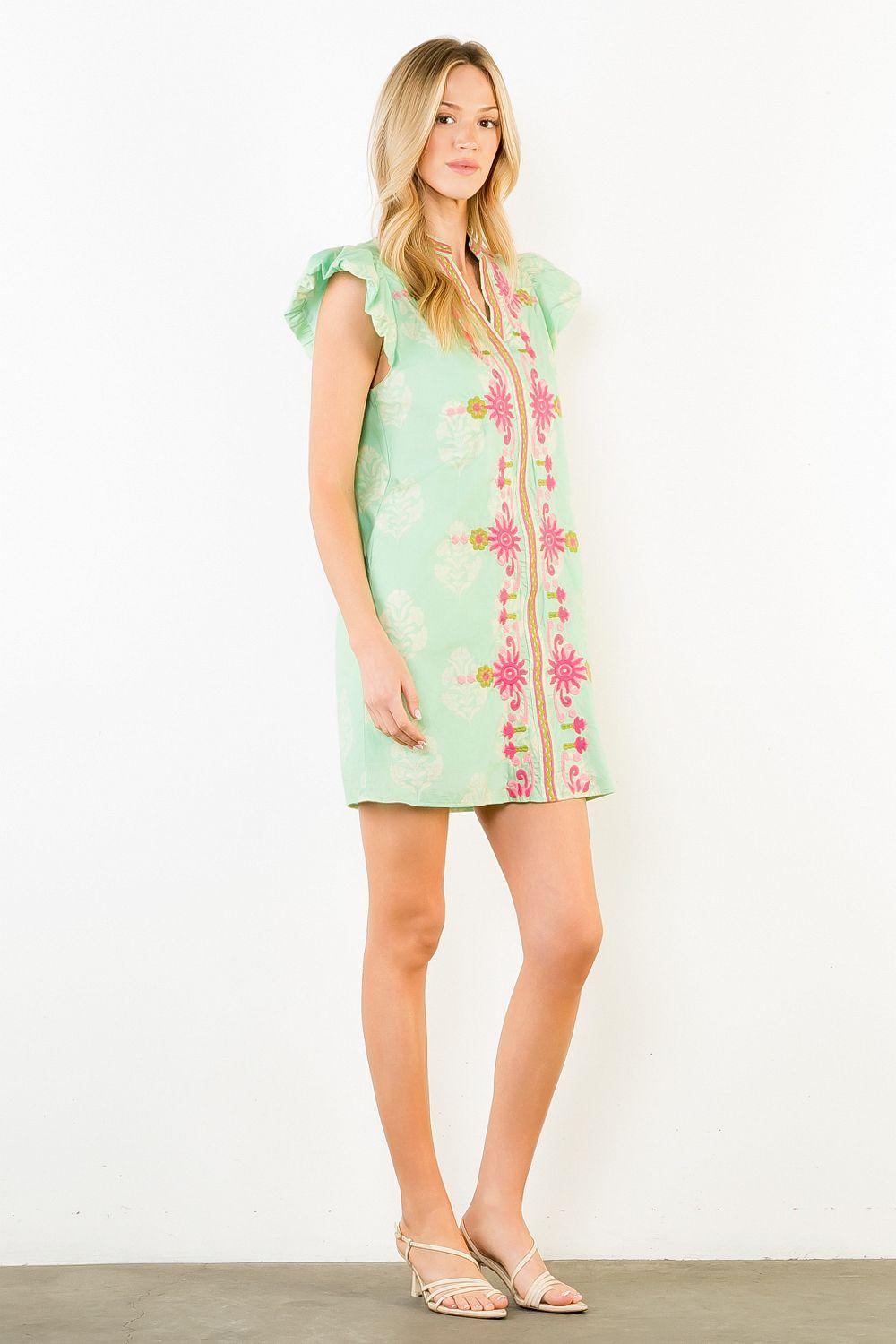 Flutter Sleeve Floral Embroidery Detail Dress