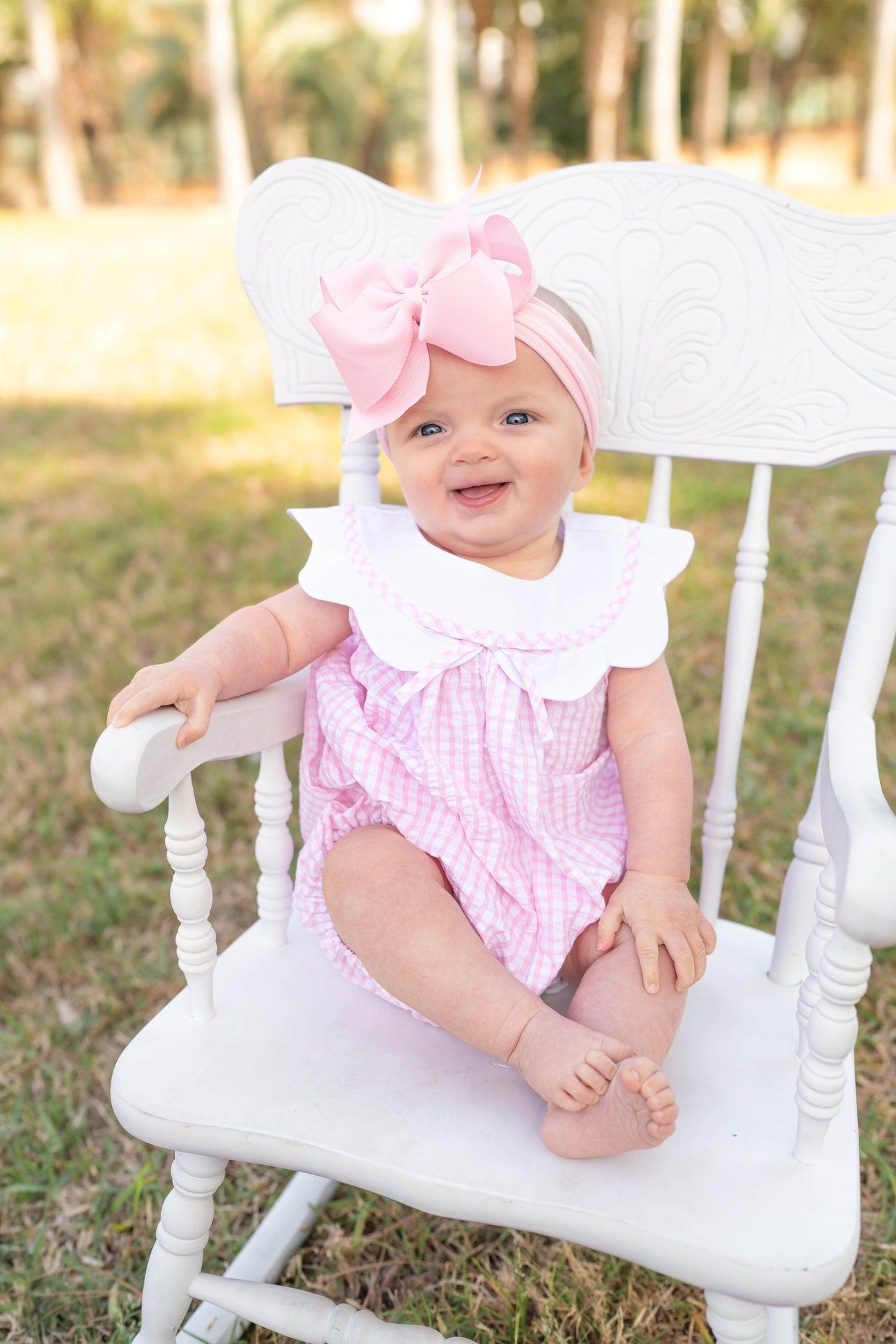 Charlotte Scalloped Bubble Romper - Blakeney Ballet Pink Seersucker Check