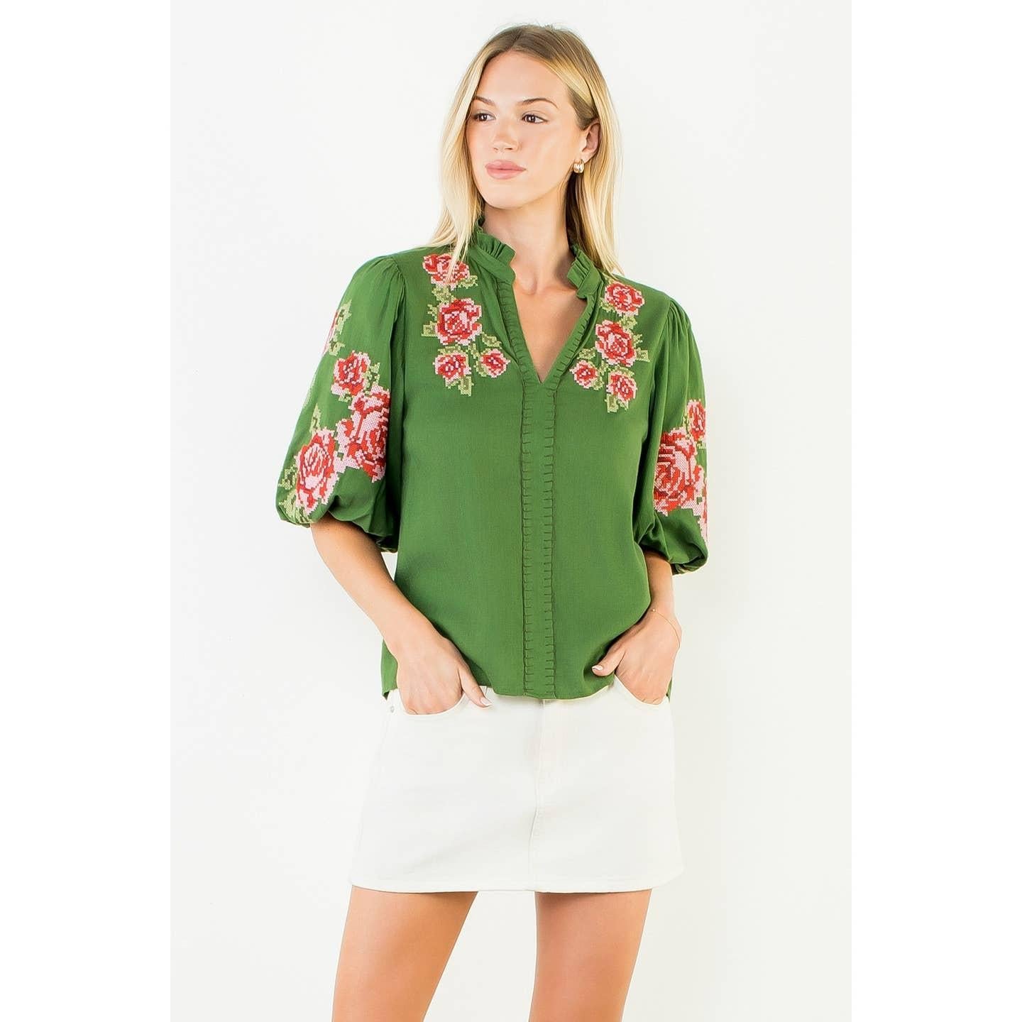 V-Neck Top With Floral Embroidery