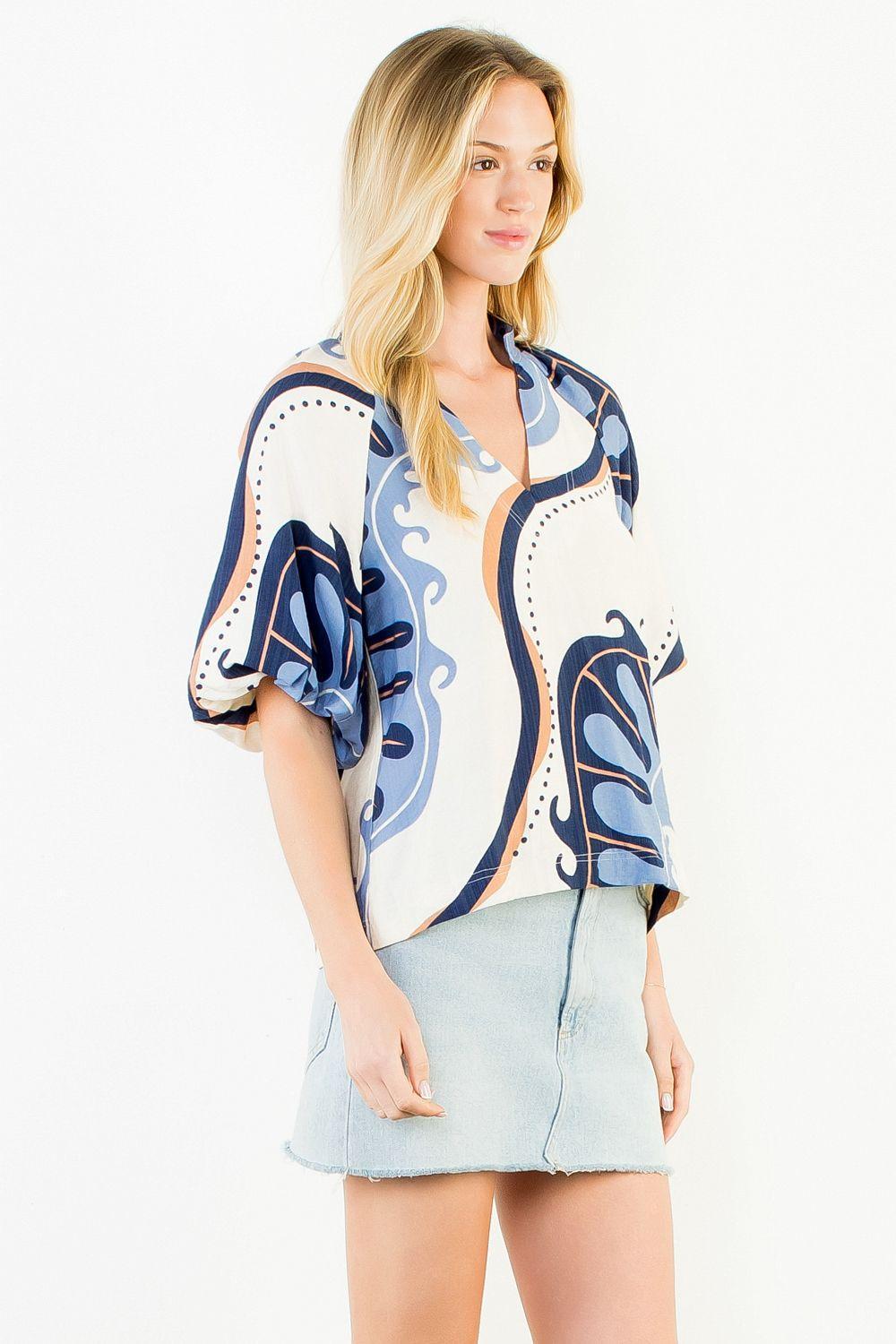 Abstract Print Top with Puff Sleeves