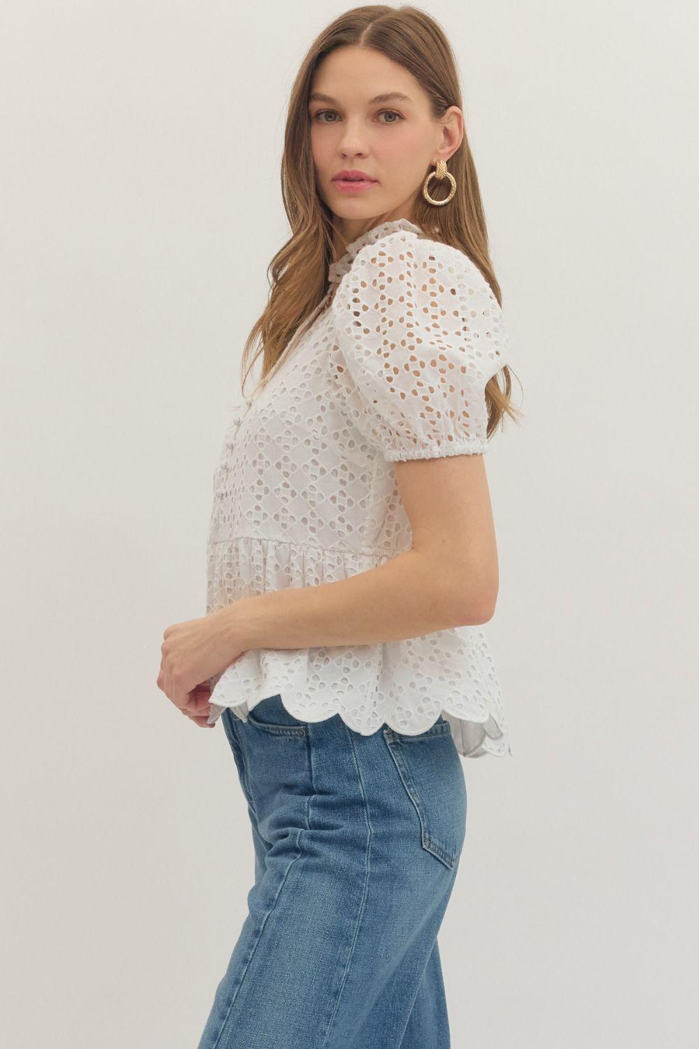 Short Puff Sleeve Eyelet Emroidered Top