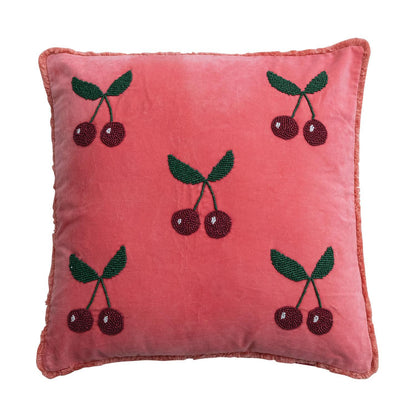 Velvet Pillow with Beaded Cherries