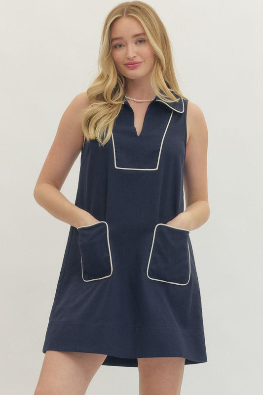Contrast Front Pocket Sleeveless Mini Dress