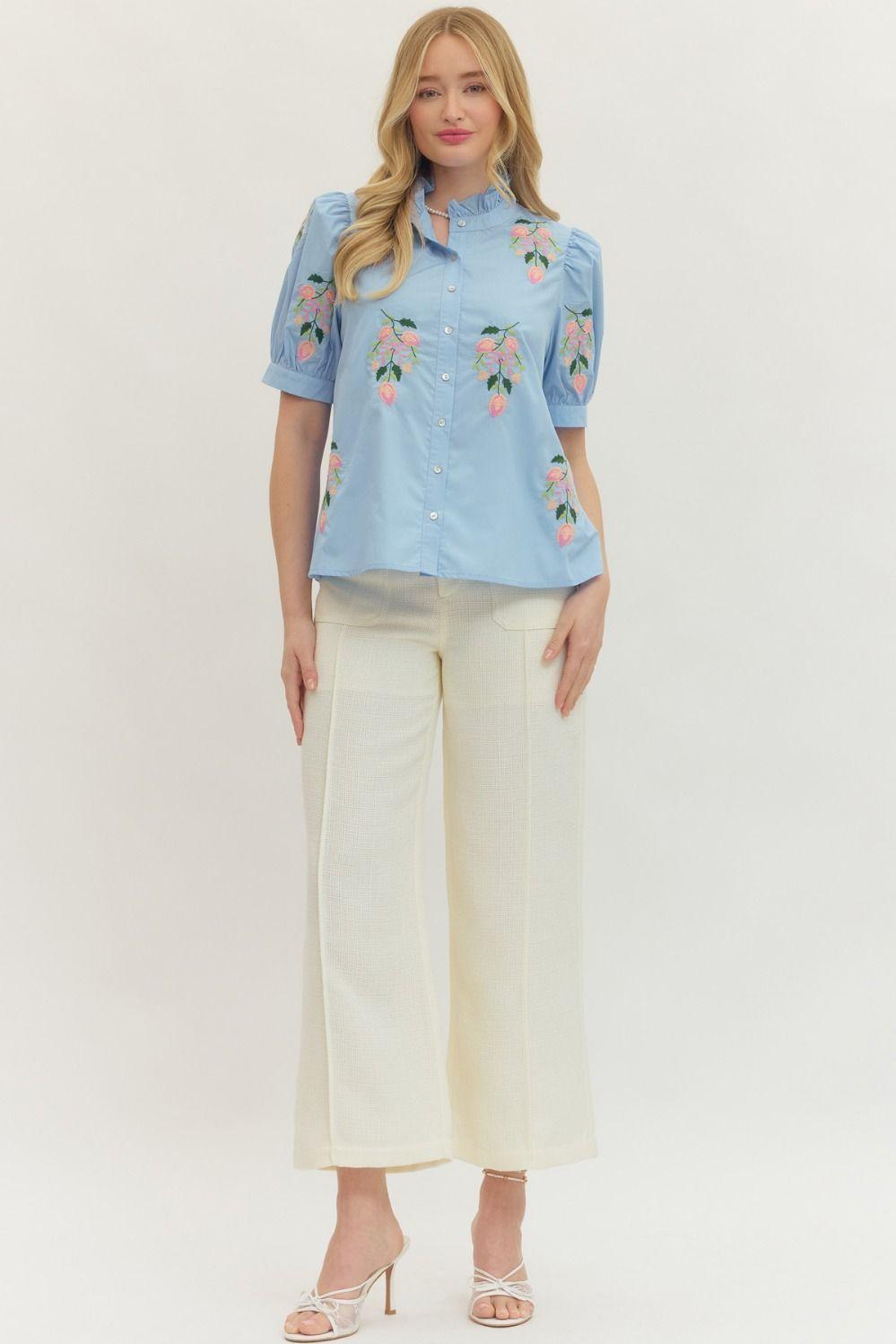 Chambray Solid Short Puff Sleeve Embroidered Top