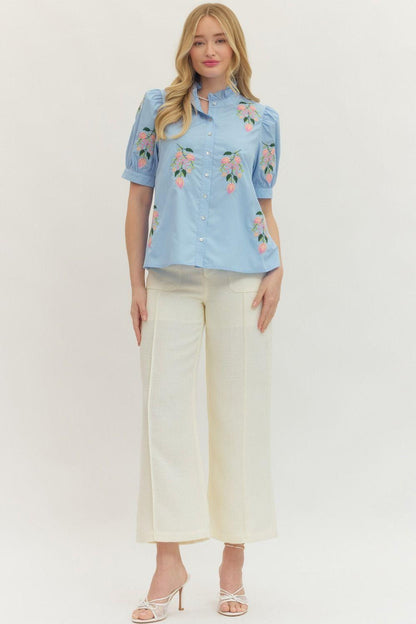 Chambray Solid Short Puff Sleeve Embroidered Top