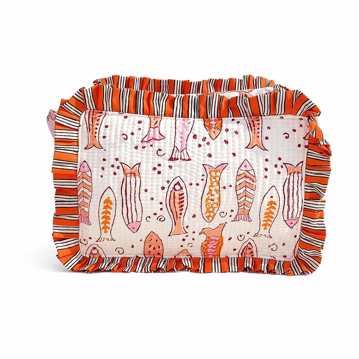 Quilted Ruffle-Trim Cosmetic Bag