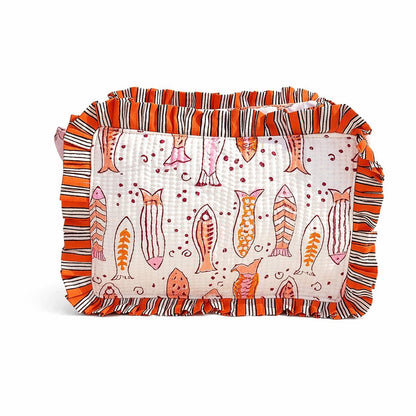 Quilted Ruffle-Trim Cosmetic Bag
