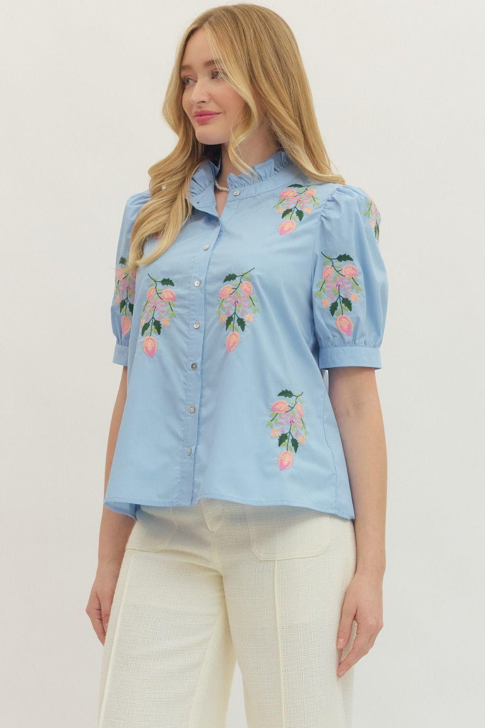 Chambray Solid Short Puff Sleeve Embroidered Top