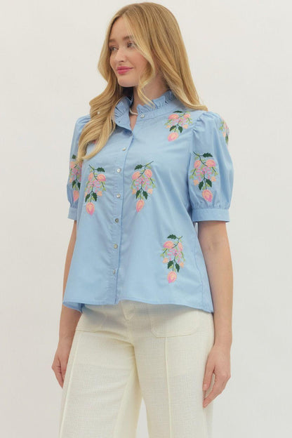 Chambray Solid Short Puff Sleeve Embroidered Top