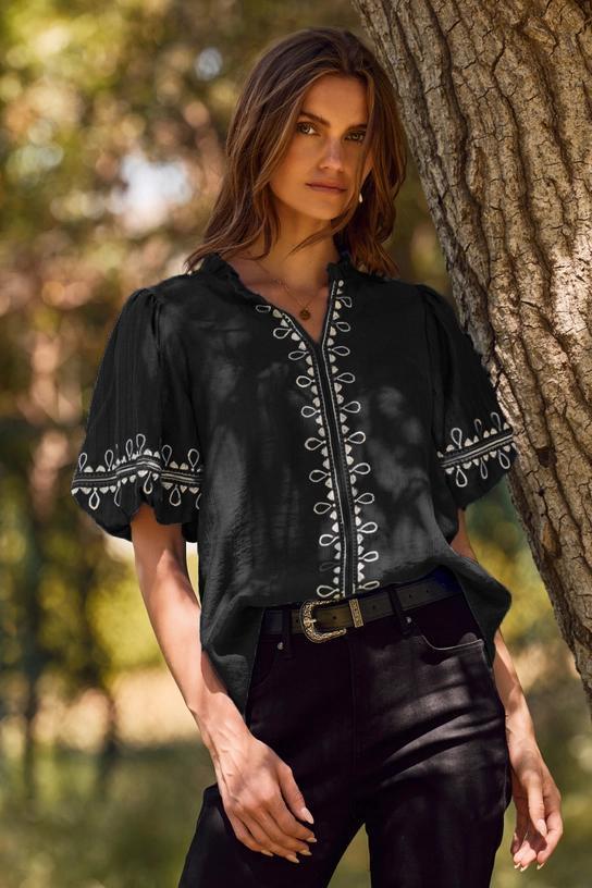 Solid Embroidered Short Bubble Sleeve Blouse