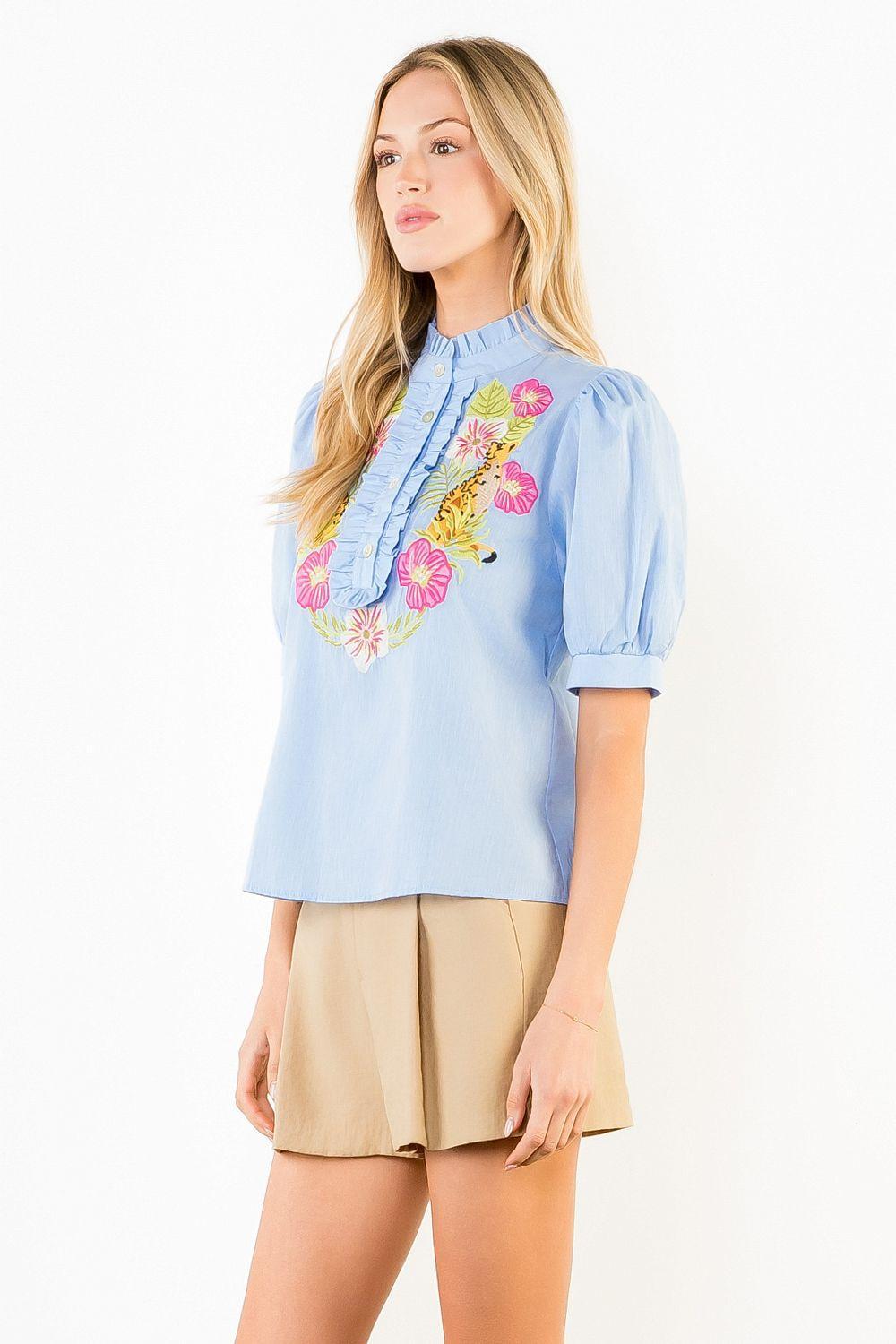 Embroidered Top with Ruffled Details