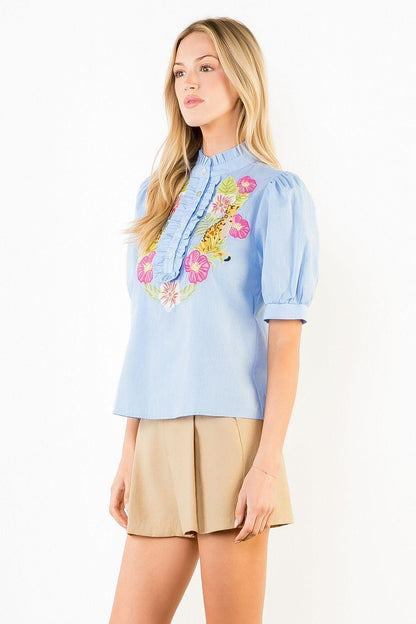 Embroidered Top with Ruffled Details