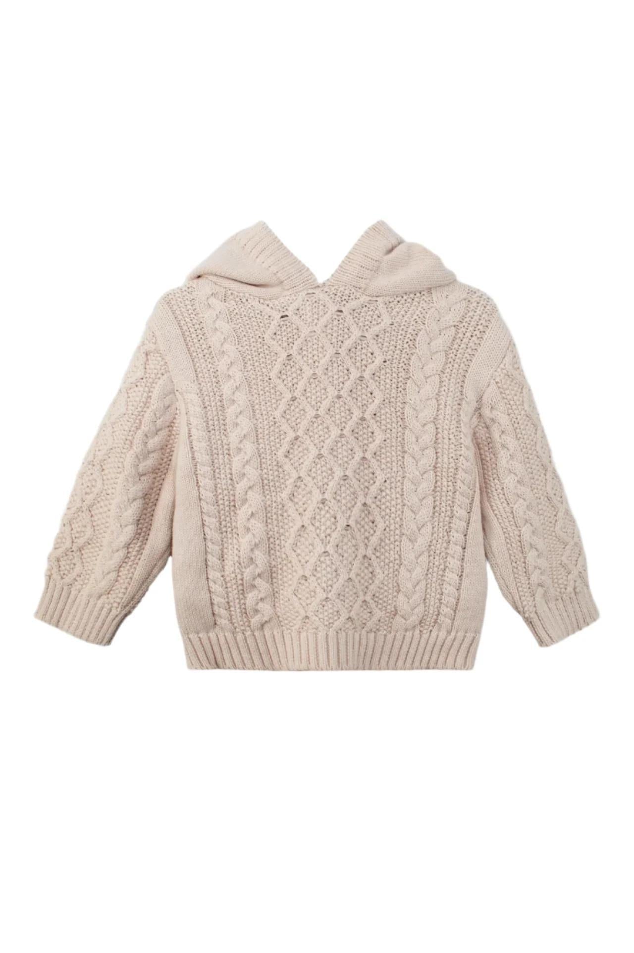 Fisherman Knit Hooded Zip Back Sweater
