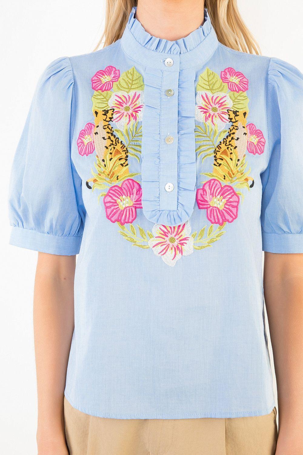 Embroidered Top with Ruffled Details