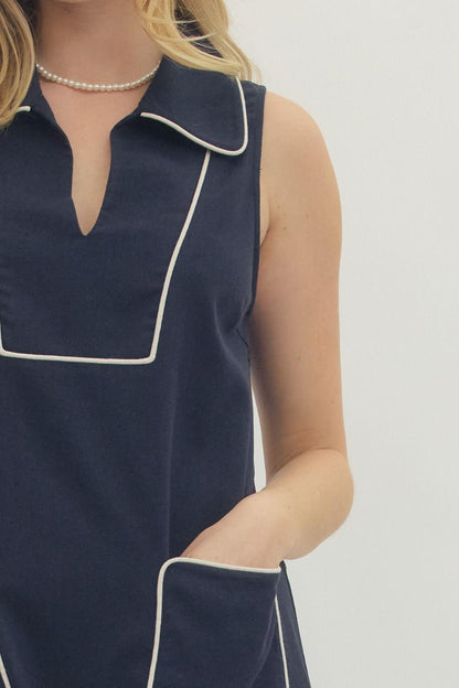 Contrast Front Pocket Sleeveless Mini Dress