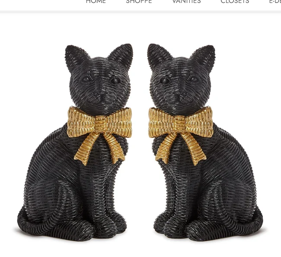 Wicker Weave Pattern Black Cats with Gold Bow