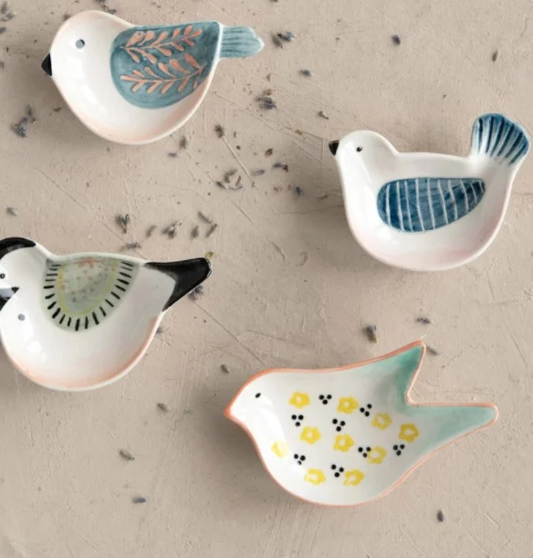 Hand-Painted Stoneware Bird Dish