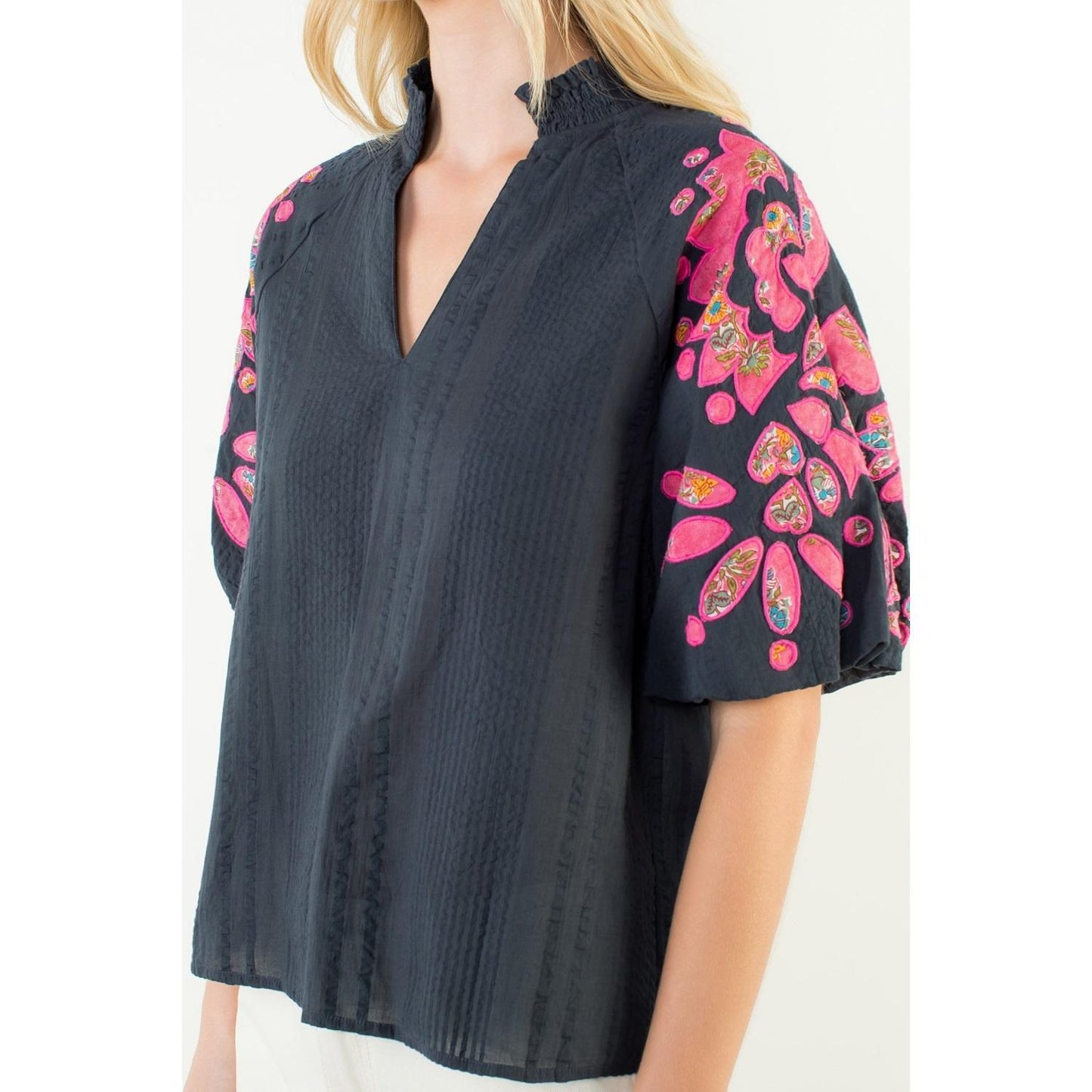 Floral Pattern Puff Sleeve V-Neck Top