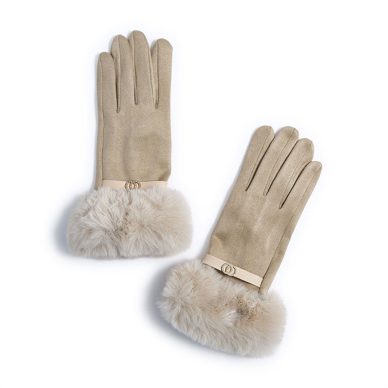 Monroe Glove with Rhinestone Bit and Faux Fur Cuff Microsuede with Touchscreen Fingertips