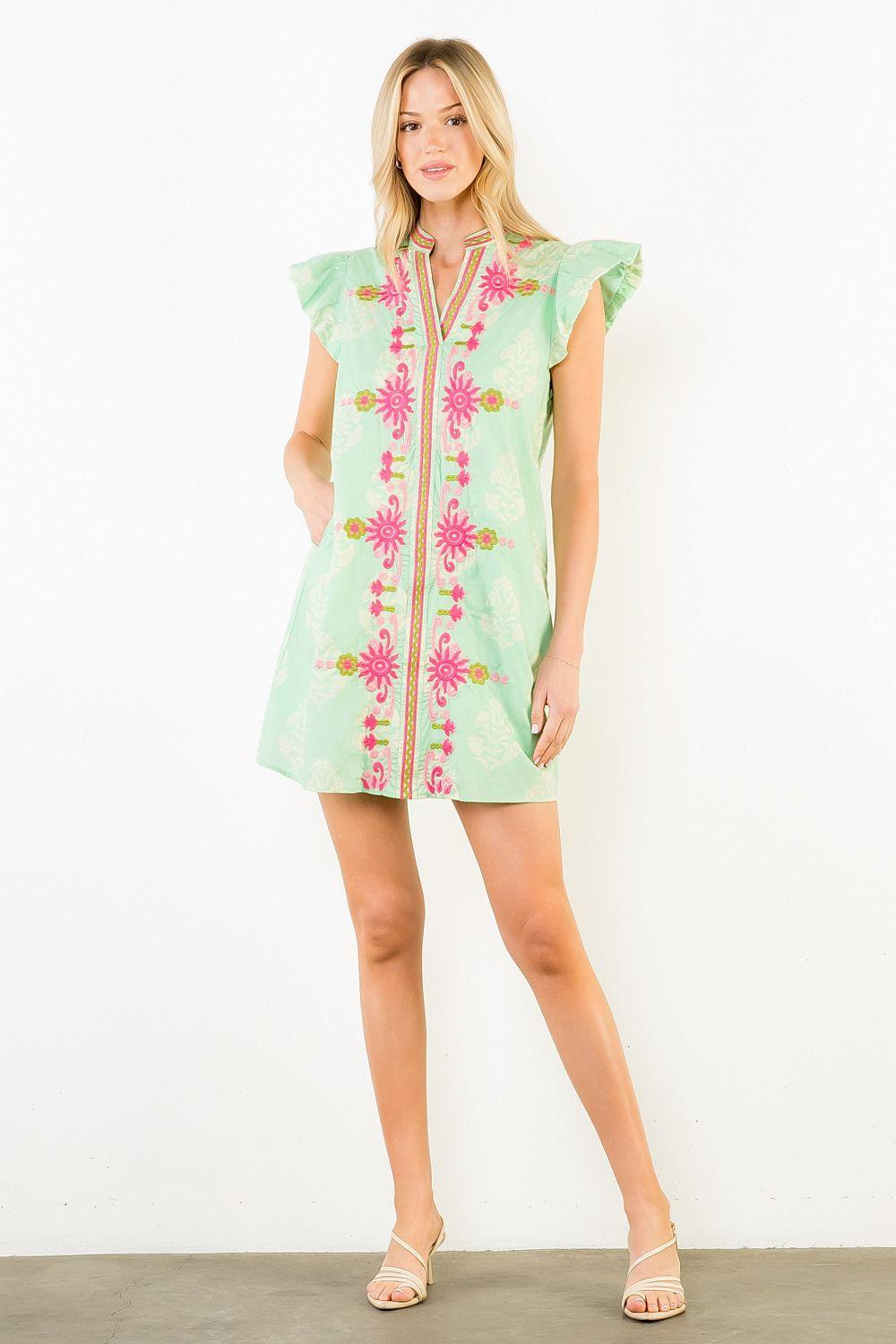 Flutter Sleeve Floral Embroidery Detail Dress