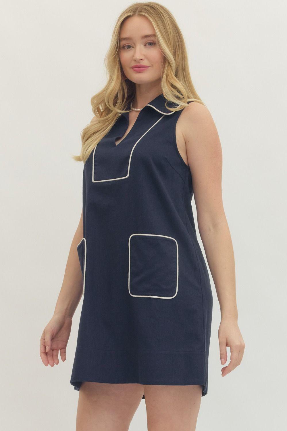 Contrast Front Pocket Sleeveless Mini Dress